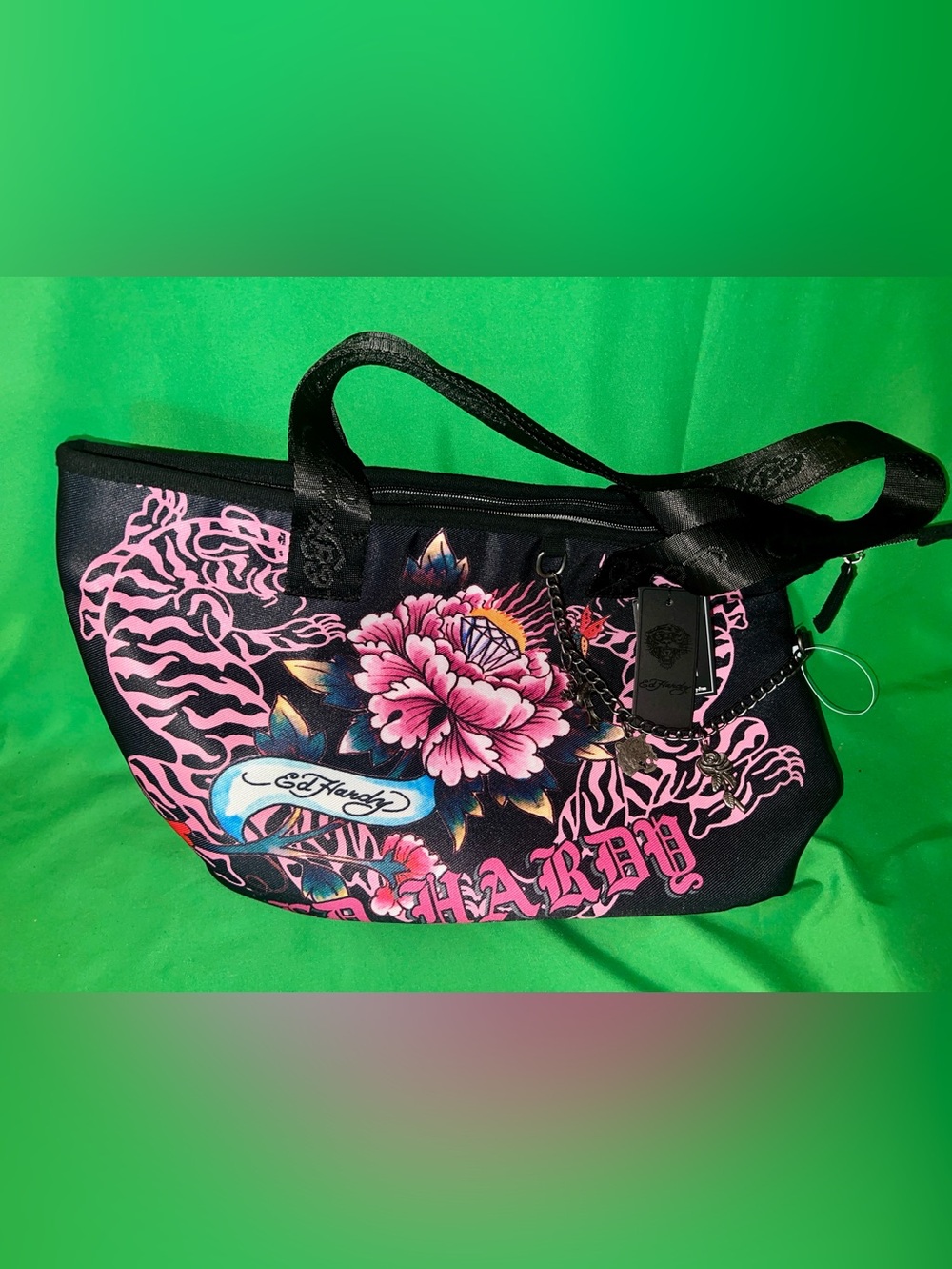 Ed Hardy Black Tote with Pink Floral and Logo NWT 🔥